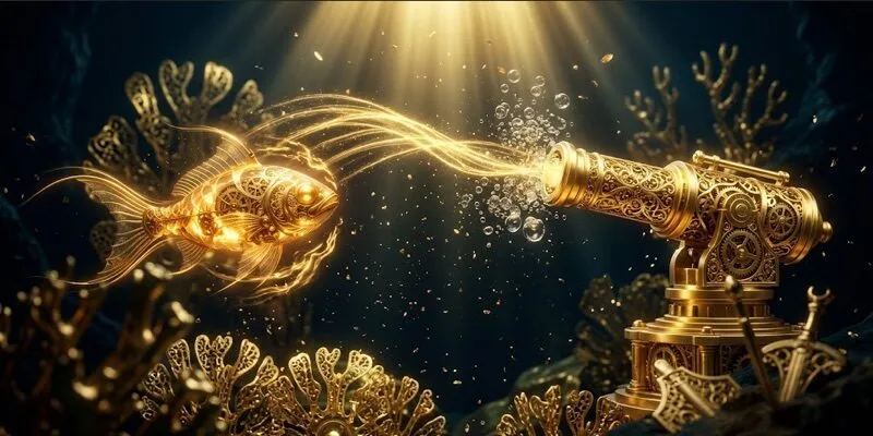 Pháo vàng nhắm cá vàng lớn dưới nước